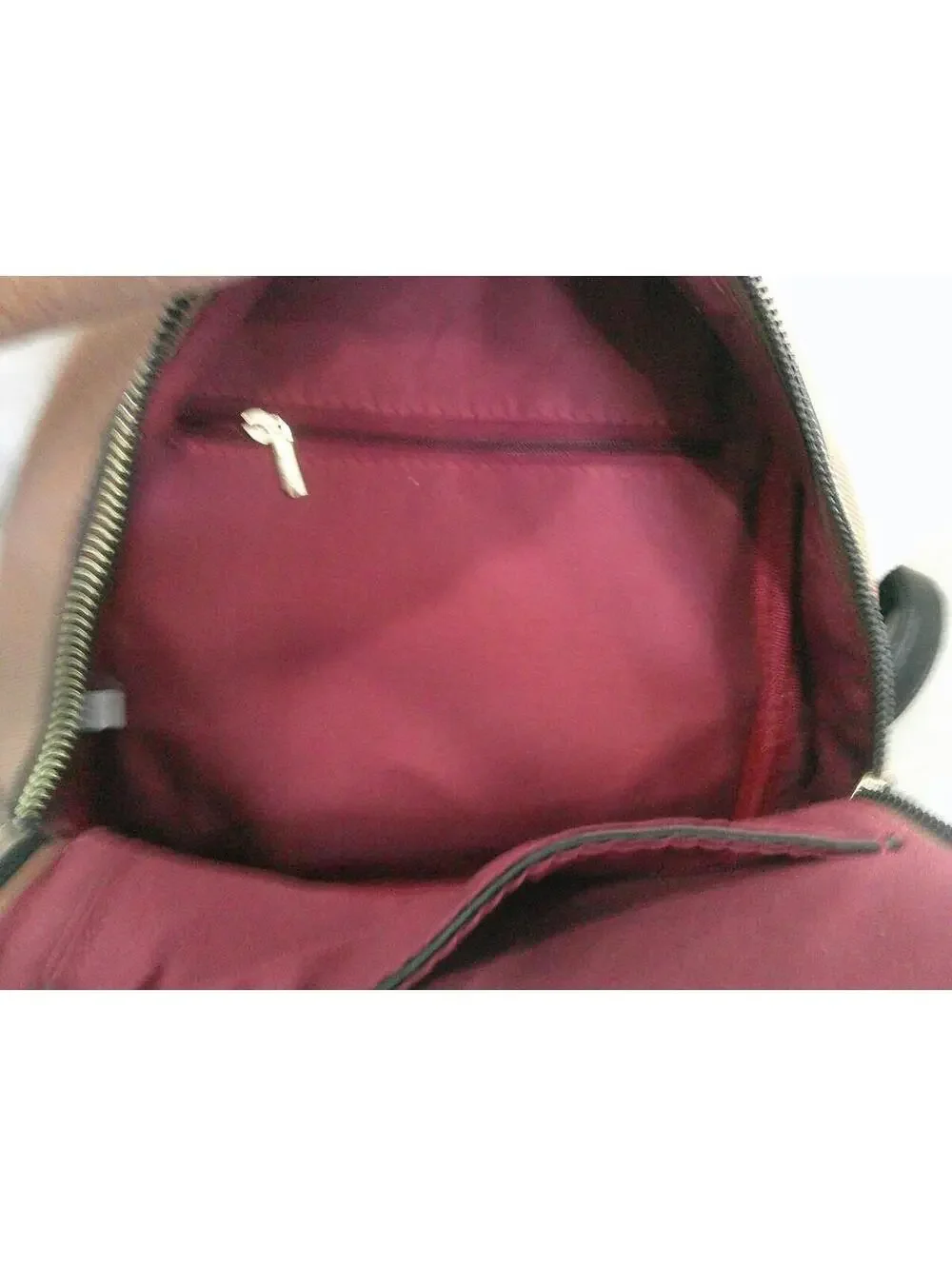 Brown and Black Patterned Backpack with Burgundy Interior